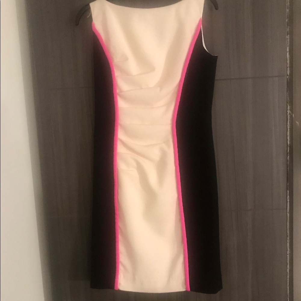 MILLY DRESS, fitted in cream, black & hot pink